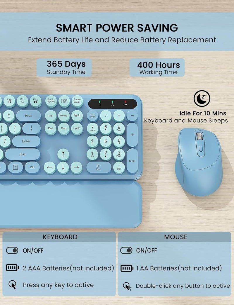 Trueque Wireless Keyboard and Mouse Combo - Cute Typewriter Keyboard with Detachable Wrist Rest, Retro Round Keycaps, Foldable Legs, 2.4GHz Full-Size for PC, Laptop, Windows - (Glacier Blue) - Image 5